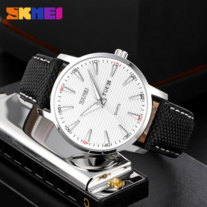 Skmei Minimalist Dial Men's Watch Quartz Analog Black Leather Strap With Day Date Display 30M Waterproof - Product Image 4
