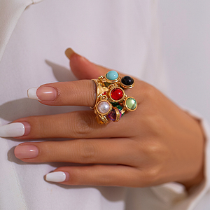 Bague tendance multicolore en perles de verre lisses avec pendentif gland pour femme, bague ouverte plissée large pour femme, bijoux cadeaux - Product Image 1