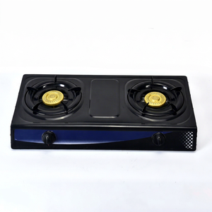 Table de cuisson à gaz double brûleur en acier inoxydable, brûleurs noirs et jaunes, cuisinière portable GPL, commande par bouton, allumage électronique, facile à nettoyer - Product Image 1