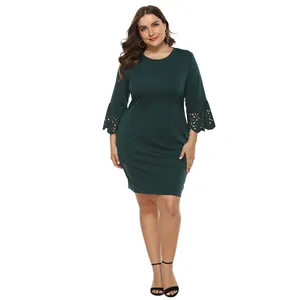 Factory Custom Women Hollow Out 3/4 Sleeve Plus Size A-line Casual Dress