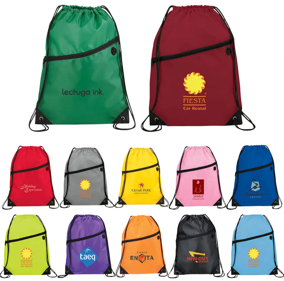 High quality foldable promotion polyester custom draw string bag with zipper pocket