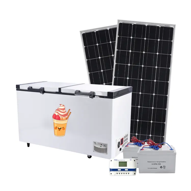 DC 12v24v double doors deep chest solar freezer BD/BC-508 eco friendly energy saving homeuse food drinks cooling solar panels