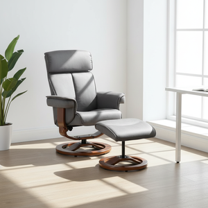 Modern Design One-Seater Massage <strong>Recliner</strong> <strong>Chair</strong> with Extendable Ottoman <strong>Grey</strong> Leather and Metal Frame Contemporary Sofa <strong>Chair</strong> - Product Image 1