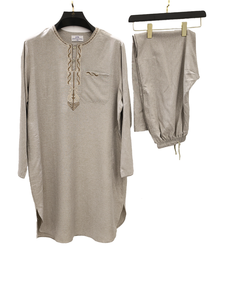 <b>Men's</b> Beige <b>Thobe</b> Embroidery Short Sleeve Floor Length Loose Fit Polyester Breathable Summer Prayer Robe Middle East Style - Product Image 1