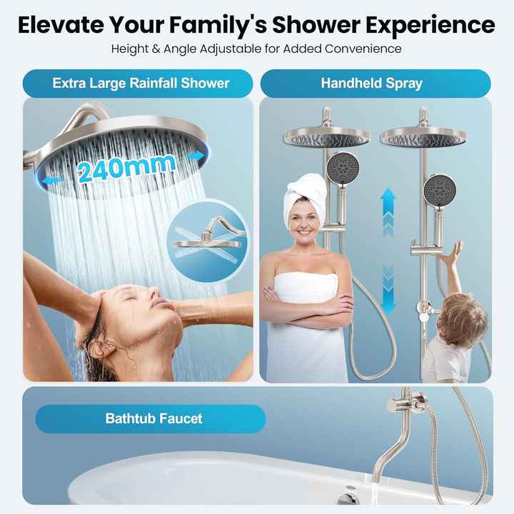 WINKEAR Rainfall Shower System With Handheld - Brushed Gold, Wall Mount, Rough-in Valve Included