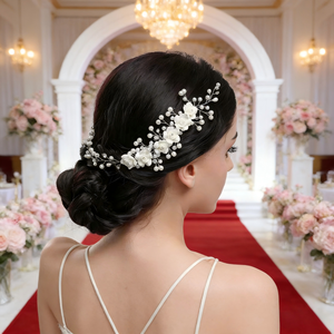 Accessorio per Capelli da <span class=keywords><strong>Sposa</strong></span> Fatto a Mano con Fiore di Perle e Strass, <span class=keywords><strong>Elegante</strong></span> e Lussuoso, per Acconciature Raccogliate - Product Image 5