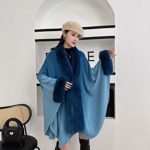 Châle en cachemire acrylique ombré avec <span class=keywords><strong>col</strong></span> en fausse fourrure automne/hiver, cardigan tricoté grande taille pour femme, cape longue asymétrique ouverte sur le devant - Product Image 2