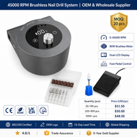 Perceuse à ongles rechargeable sans balais de qualité professionnelle 45000 tr/min, faible bruit, corps en alliage d'aluminium, double écran LCD et pédale.