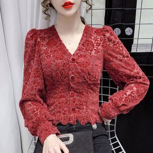 เสื้อลูกไม้<span class=keywords><strong>2022</strong></span>ผู้หญิงสีทึบแขนยาวพองคอวีแบบฝรั่งเศสมีกระดุมเสื้อตาข่ายโปร่งใสเสื้อลำลอง - Product Image 1