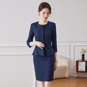 Women's Suit Skirt Set Three-Quarter Sleeve Dark Blue Polyester Professional Workwear Summer 2025 - Product Image 3