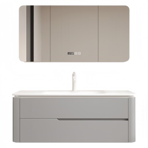 Minimalist Wall-Mounted Bathroom Vanity With Ceramic Basin And Smart Mirror 60 In Painted Finish Soft Closing Drawers - Product Image 1