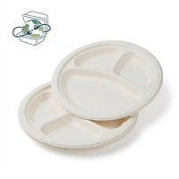 Ensemble d'assiettes jetables en bagasse compostables XS-YP9G3, assiettes rondes robustes à 3 compartiments pour aliments