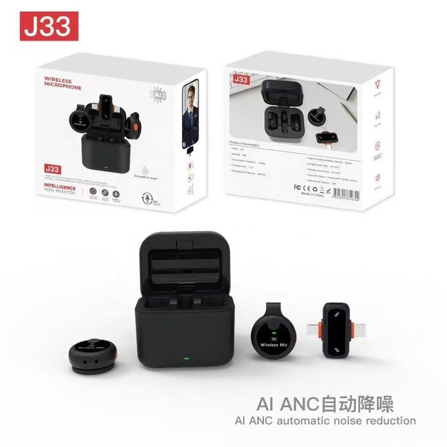 J33 2Mic 2 in 1 Lapel Wireless Collar Microphone Pull Type Live Broadcasting Wireless Microphone with AI Noise Reduction