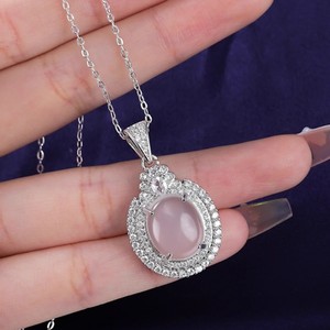 Translucent Chalcedony Oval Pendant Necklace With Diamond Halo Clavicle Chain Everyday Wear - Product Image 5