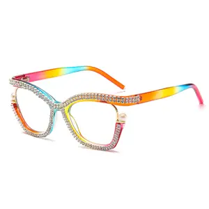 F23008 Anti Blue Light Rhinestone Ladies Big Frame Eyeglasses Frames With Diamond Wholesale For Men Cat Eye Metal Women Glasses