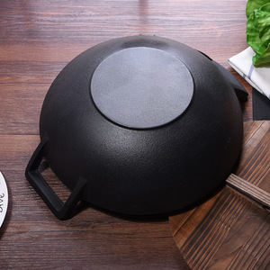 Wok en fonte pré-assaisonné de 12.6 ''/32cm 14''/36cm avec 2 poignées pour cuisinière à gaz fond plat disponible poê<span class=keywords><strong>le</strong></span> à frire de style <span class=keywords><strong>chinois</strong></span> - Product Image 3