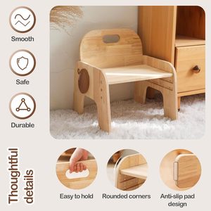 Taburete bajo para niños de madera maciza natural con respaldo, altura ajustable, diseño ergonómico con forma de elefante para niños - Product Image 2