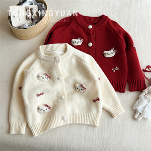 Tongxingyuan Girls Knitted <b>Cardigan</b> Autumn Winter 3D KT <b>Cat</b> Design Soft Full Sleeve Outerwear Trendy Style - Product Image 1