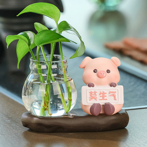<b>Cute</b> Pig And Dog Resin Figurine With Glass Vase Plant Set 2Pcs Desk Decor Office Gift - Product Image 3