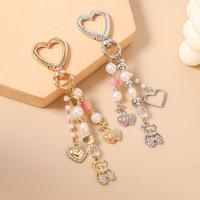Porte-clés Cœur Mignon avec Perles, Breloque Ourson et Cerise, Pendentif de Sac, Anneau de Clés Or et Argent, Accessoire de Mode pour Femme, Cadeau