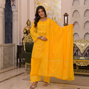 Conjunto de Kurta y Pantalón de Algodón Amarillo para Mujer con Dupatta, Estilo Tradicional Indio-Pakistaní, Ropa Casual, Corte Regular, Largo hasta la Rodilla, Verano - Product Image 1