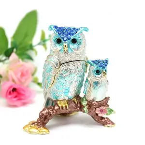 SHINNYGIFTS Hand- Painted Mother Son Owl Trinket Box With Rich Enamel Jewelry Trinket Box Mother's Day Gift