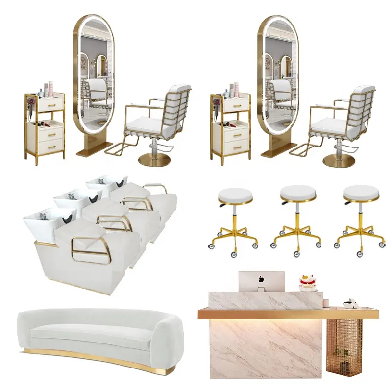 Salon de coiffure salon de coiffure maquillage élégant chaises de barbier ensemble miroir table à ongles rose ensemble de meubles de salon