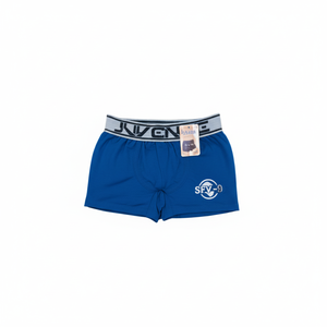 Shorts décontractés pour hommes JUVENILE SFV-9 bleus, taille élastique, respirants, en polyester tricoté, taille mi-haute, logo avant - Product Image 1