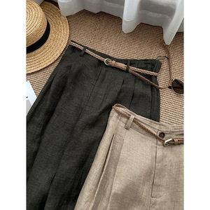 <span class=keywords><strong>Pantaloni</strong></span> Casual da <span class=keywords><strong>Donna</strong></span> in <span class=keywords><strong>Lino</strong></span> Khaki Stile Old Money Personalizzati, a Gamba Larga, Vita Alta, Vintage, con Pieghe Frontali, Vestibilità Rilassata e Gamba Dritta - Product Image 3