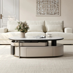 Table basse ovale moderne de 47 pouces en pierre frittée rétractable, offrant un grand espace de rangement pour les salons et les hôtels - Product Image 2