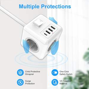 Bloc d'alimentation Antela Power Cube 3 prises CA, 3 ports USB-A, 1 port USB-C, câble de 1,5 m, IP20, ABS, pour bureau et maison, blanc, design sécurisé - Product Image 4