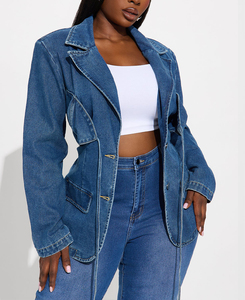 Blazer en jean pour <span class=keywords><strong>femme</strong></span> à nouer devant, revers crantés, taille ceinturée, délavage moyen, style shacket, Vêtements pour femmes, Vente en gros - Product Image 3
