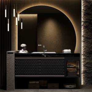 Contemporary <b>Wall</b> Mounted Bathroom Vanity With LED Arc <b>Mirror</b> Ceramic Basin 60 In MDF Minimalist Design - Product Image 2