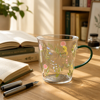 Mug en verre imprimé floral avec anse verte, motif fleurs sauvages, tasse transparente pour lait, thé, eau, jus