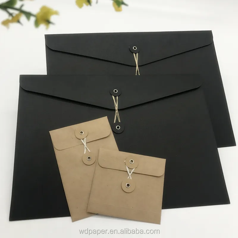 China Custom Made black envelope custom string envelope custom envelope with button and string closure