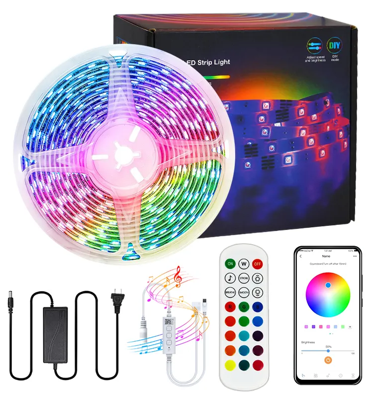 RGB Colour Changing Smart Music LED Strips Voice APP Remote Controller SMD5050 12V 10m Flexible LED Strip Light RGB Music