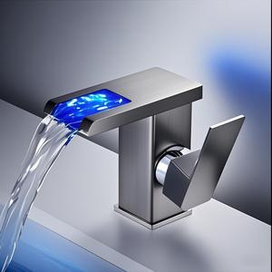 Contemporary Stainless Steel Black Cold Hot Mixer Crane <strong>Sink</strong> Tap Square Bathroom <strong>Faucet</strong> Modern LED Waterfall Basin Tap
