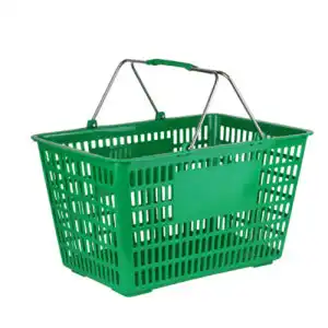 Cesta de compras de plástico com alças para loja de varejo com alça de metal verde de 20 litros personalizada