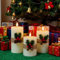 Ensemble de 3 bougies pilier de Noël, bougies LED à rayures verticales avec cône de pin et fleur séchée rouge, décoration de Noël pour la maison et cadeau