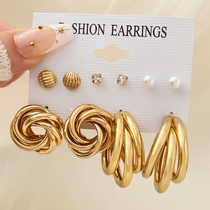 Orecchini a cerchio geometrici grossi da donna Vintage di lusso all'ingrosso Set di orecchini pendenti placcati in oro con gancio grande - Product Image 6