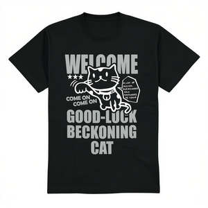 T-shirt da uomo e da donna a maniche corte con stampa Beckoning Cat in cotone nero per abbigliamento casual - Product Image 2