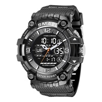 Jam Tangan Sport SMAEL 8089 Big Head Dual Time Analog LED Alarm Luminous 50 Bar Tahan Air Quartz Digital Stop Watch Chronograph