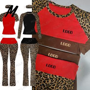 Set Dua Potong Wanita Musim Gugur 2025 Warna Kontras Logo Kustom Katun Elastis Lengan Panjang Dengan Pinggang Lipat Celana Flare Lembut - Product Image 5