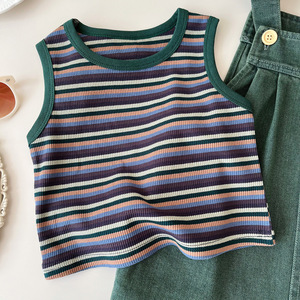 Nuovo Completo Estivo Coreano per Bambine: Canotta a Righe e Salopette in Denim, Set Due Pezzi Carino e Alla Moda - Product Image 2