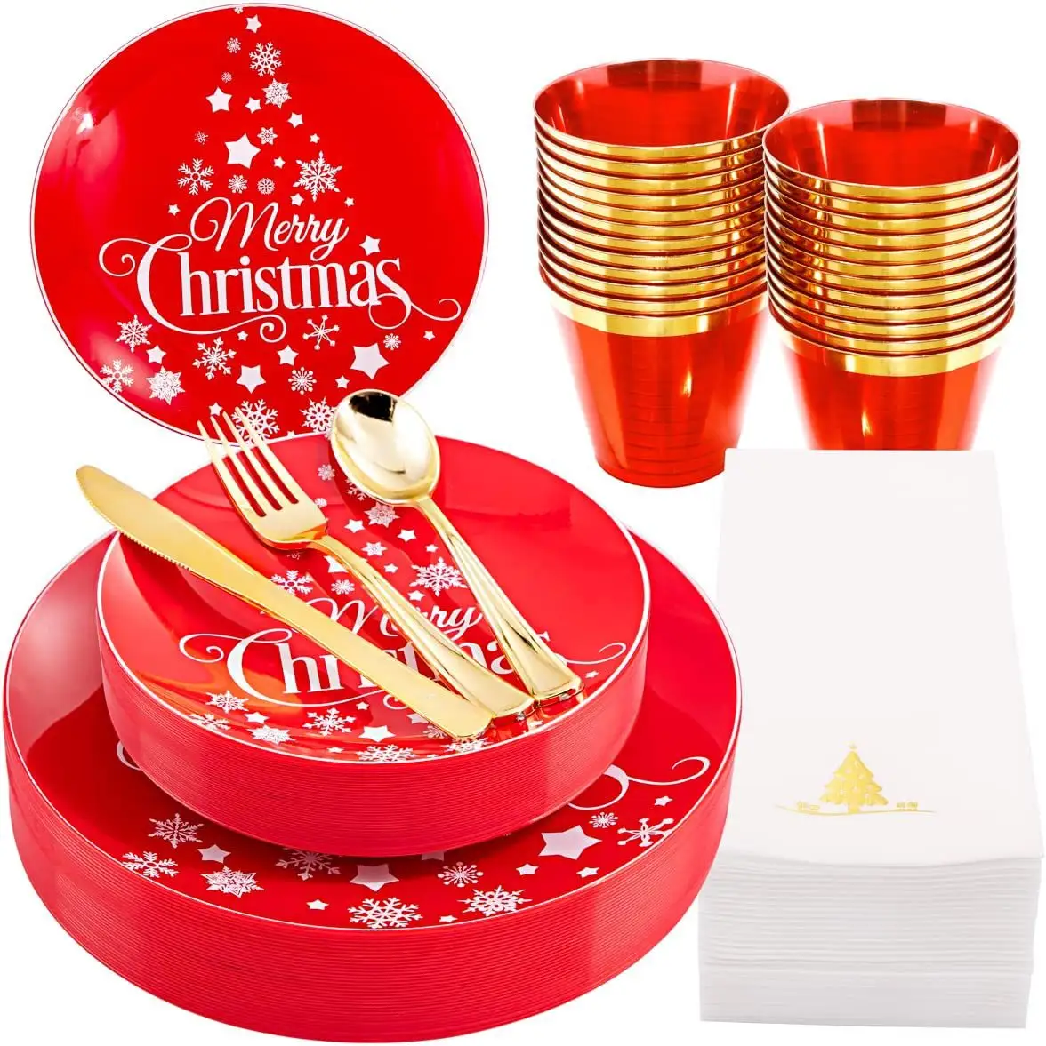 175PCS Talheres descartáveis vermelho ouro Natal Dinner Plate Set Party Tableware Natal