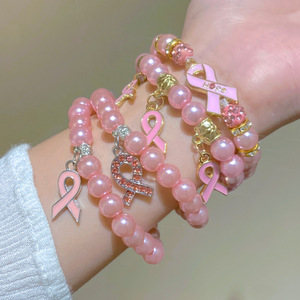 Pulsera <span class=keywords><strong>de</strong></span> Concienciación con Cinta Rosa y Perlas, Regalo <span class=keywords><strong>de</strong></span> Ánimo para Sobrevivientes y Luchadores contra el Cáncer <span class=keywords><strong>de</strong></span> Mama - Product Image 1