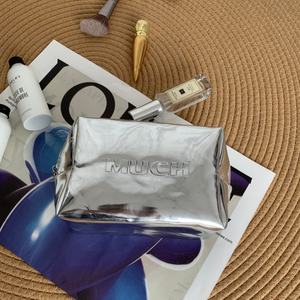 7 Inches <b>Silver</b> PU Leather Large Eco-Friendly Cosmetic <b>Bag</b> Embossed Logo Makeup <b>Bag</b> for Women Waterproof Travel Zipper Pouch - Product Image 3