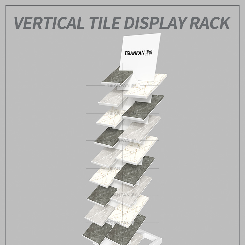 Tsianfan Factory Modern Custom Metal Sample Shelves Tower Quartz Display Rack Ceramic Floor Standing Tile Stone Displays Stand