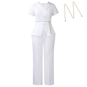 Conjunto de 2 Piezas <span class=keywords><strong>para</strong></span> <span class=keywords><strong>Mujer</strong></span>, <span class=keywords><strong>Chaqueta</strong></span> de Manga Corta con Cuello en V y Pantalones de Pierna Recta, <span class=keywords><strong>Traje</strong></span> Elegante de Oficina, Blazer - Product Image 4