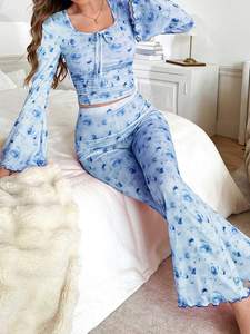 2025 Elegant Women's Casual Rose Print Long Sleeve Shirts Ruffles Pants <strong>Crop</strong> Top Crew Neck Fashionable Pyjama Sets Women - Product Image 6